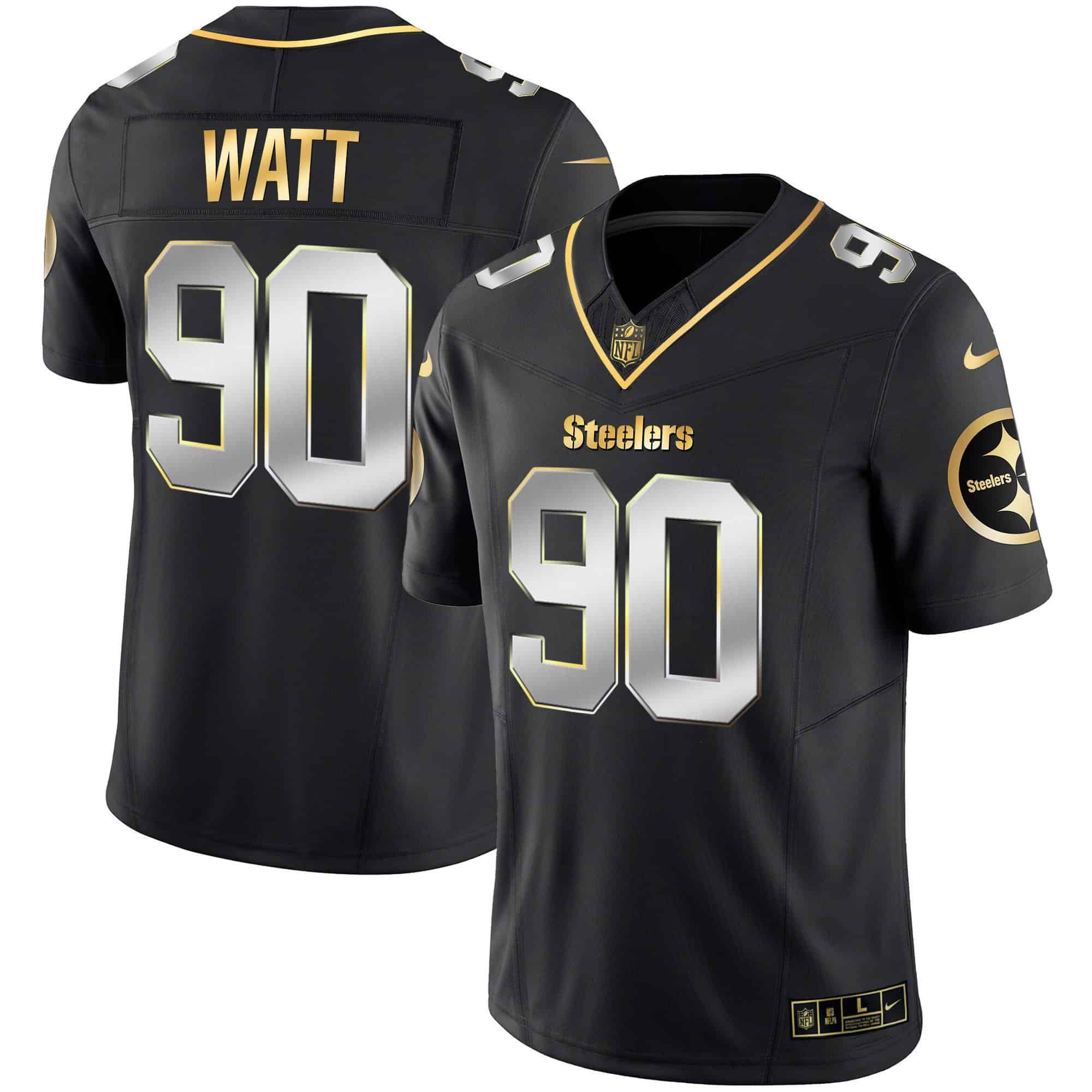 Men Pittsburgh Steelers #90 Watt Black Gold 2024 Nike Vapor Limited NFL Jersey style 1